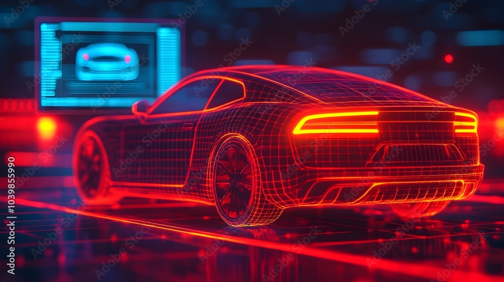 Poster futuristic robot using precision tools to adjust advanced car systems with a floating holographic in