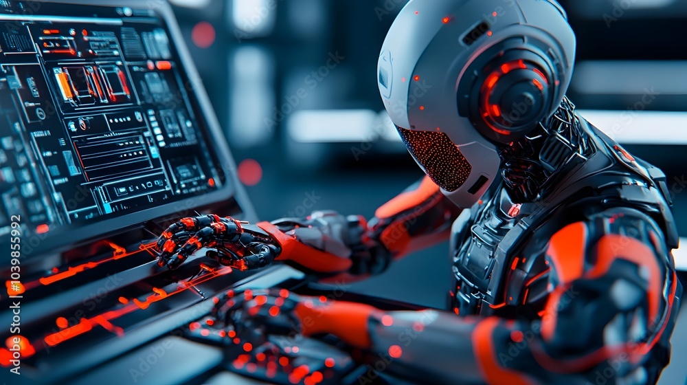 Poster futuristic robot using precision tools to adjust car systems with a floating holographic interface a