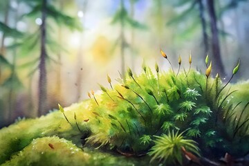 Watercolor Forest Floor with Moss and Plants