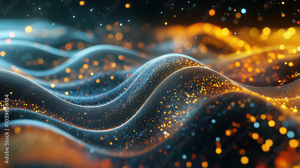 Poster vibrant data streams flow in a mesmerizing wave pattern, illuminated by glowing particles in various