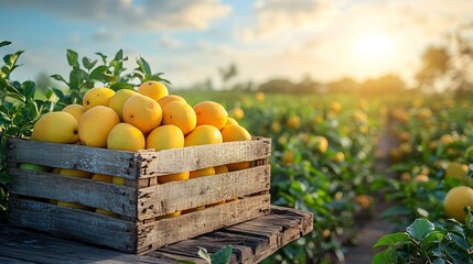 Rustic wooden box brimming with fresh mangoes on a wooden table set against a vibrant green field under a sunny blue sky creating a bright summery backdrop with ample space for text