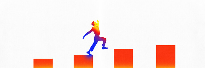 Businessman energetically climbing growth chart, symbolizing success and progress in business journey. Determination and ambition of motivated employee. Contemporary art collage. Concept of business