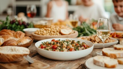 Obraz premium Large family sharing a traditional meal, smiles and conversation across the table, family gathering, dinner, cultural heritage