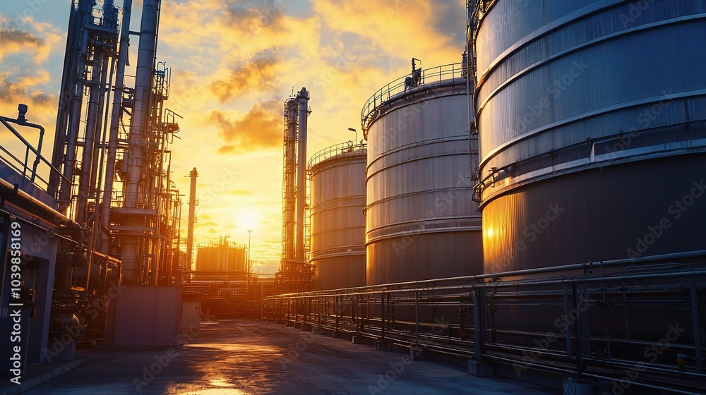 Wall mural Industrial Storage Tanks at Sunset with Dramatic Sky