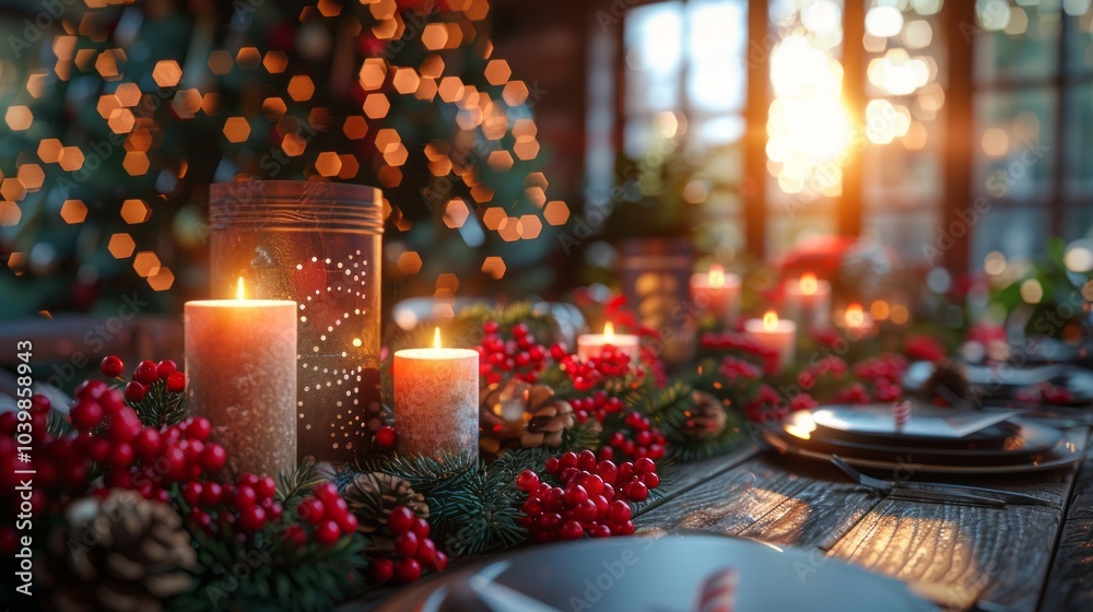 Poster a table with a christmas tree and candles on it