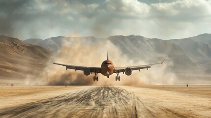 Naklejka premium Airplane taking off from dusty runway with mountains in the background.