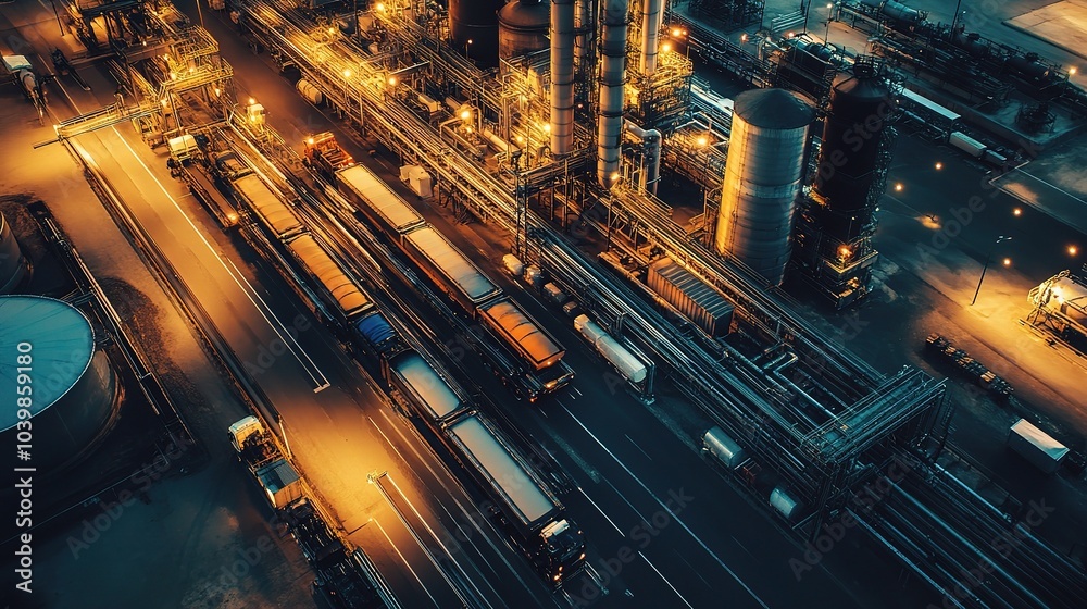 Poster Aerial View of Industrial Area with Night Lighting