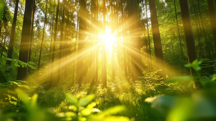 Fototapeta premium Sun rays shine through trees in a tranquil forest, lighting up the vibrant foliage below