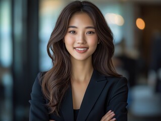 Fototapeta premium Young asian businesswoman from Vietnam smiling with arms crossed in office