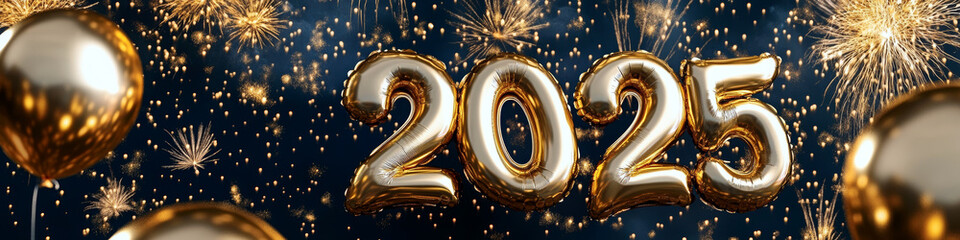 Gold New Years 2025 celebration balloons and fireworks.