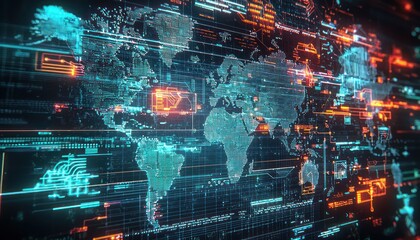 Fototapeta premium Wireframe depiction of global logistics operations in a high-tech 3D interface.
