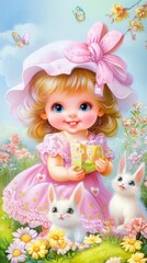 Fototapeta premium A joyful little girl in a pink dress surrounded by flowers and bunnies on a sunny day