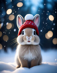 Cute rabbit wearing Santa hat sitting in the snow, Christmas lights in the background