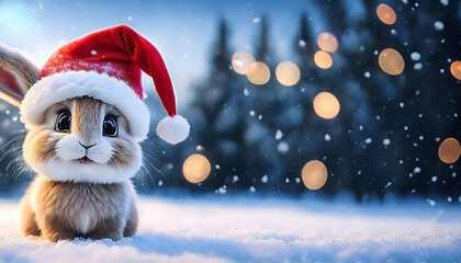 Christmas rabbit wearing Santa hat sitting in the snow, Christmas lights in the background