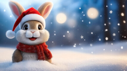 Christmas rabbit wearing Santa hat sitting in the snow, Christmas lights in the background