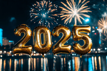 Gold New Years 2025 celebration balloons and fireworks.