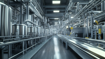 Industrial Factory Interior with Stainless Steel Piping and Equipment