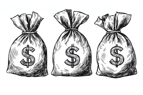 Three money bags with dollar signs, hand-drawn style on a white isolated background.