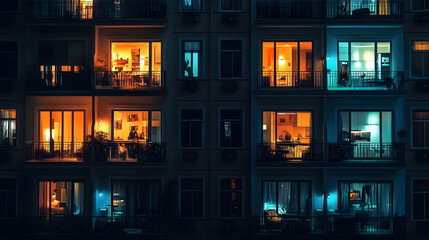 Captivating urban night view showcasing diverse activities in apartment balconies across a bustling city block