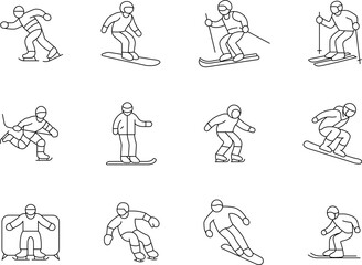 Simple icons representing various winter sports in a line outline style.