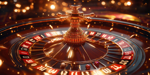 A spinning roulette wheel gleams under vibrant casino lights, capturing the excitement and anticipation of betting in a virtual casino environment with glowing ambiance.