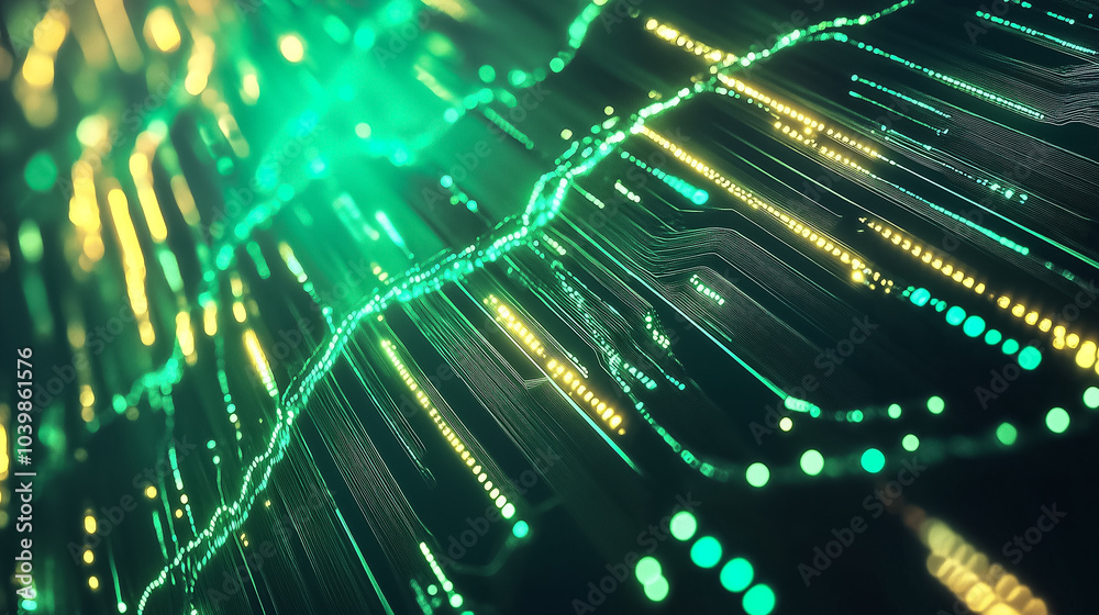 Fototapete dynamic visualization of green and yellow data streams illustrating movement and energy in a digital