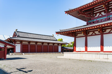 Shitennoji Buddhist temple complex located in Osaka, Japan. Traditional Japanese architecture