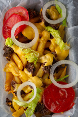 Delicious Loaded Cheese Fries with meat and veggies