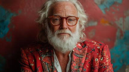 A man with a beard and glasses is wearing a red jacket