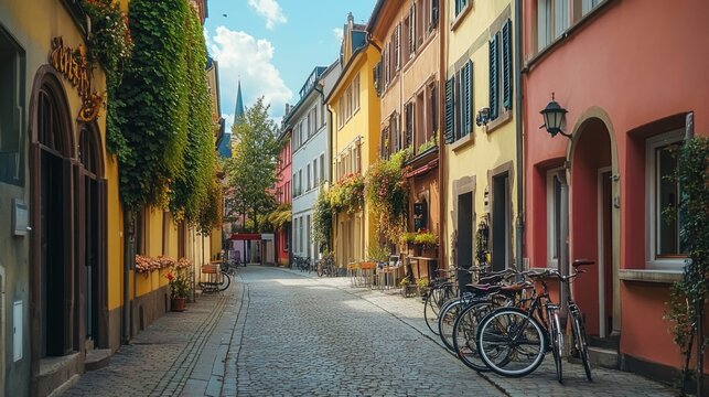 Traditional european architecture lining a quiet street, with bicycles and clear skies..