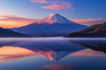 Reflection of Mount Fuji on the lake at dawn, stunning scenery.