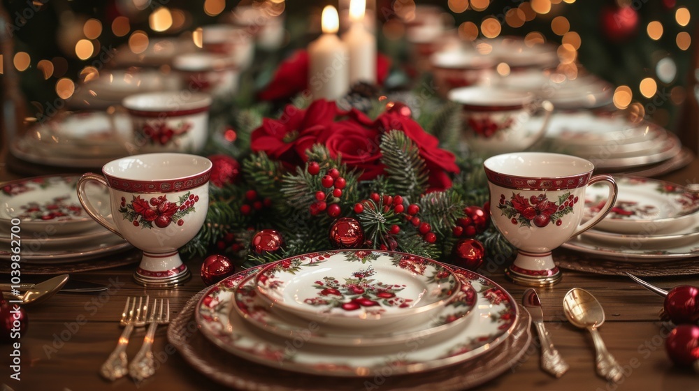 Poster a table with a red and white tablecloth and a red