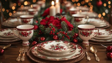 Naklejka premium A table with a red and white tablecloth and a red