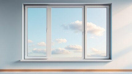 A modern window view showcasing clear skies and clouds, adding brightness to a simple interior space with a light blue wall.