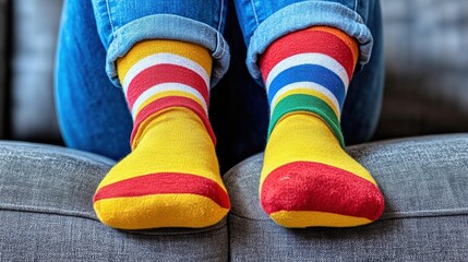 Close-up of a person in rolled-up jeans wearing bright striped socks with vibrant colors, lounging on a grey couch in a cozy setting.