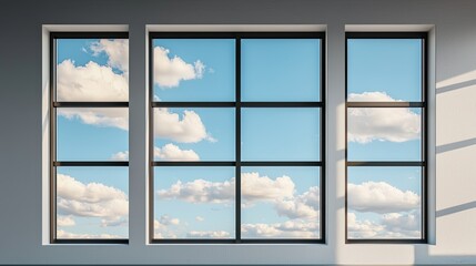 Fototapeta premium A bright view through three modern windows showcasing a clear sky with fluffy clouds, highlighting indoor-outdoor connection and natural light.