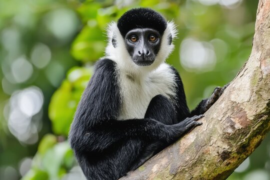 A curious black and white monkey perched on a tree branch in a lush tropical forest
