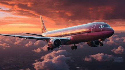 Aerial View of Commercial Airplane in Sunset Sky