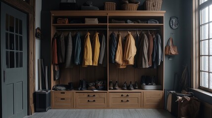A family wardrobe built into the hallway wall, displaying coats, jackets, and shoes arranged neatly.