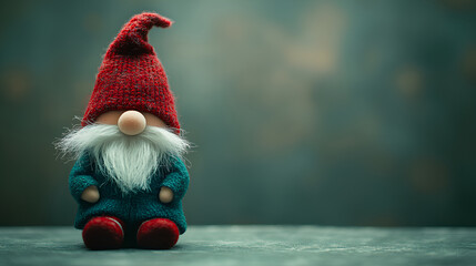 Obraz premium Christmas gnome in a red knitted hat and green sweater, isolated against a teal background, featuring a long white beard and a cozy, festive winter look