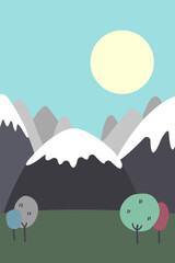 Landscape illustration of mountains with snow on top in summer, colorful trees, silhouetted hills background in vintage color tone