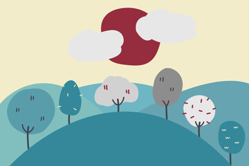 Illustration of layered mountains and cute colorful tree landscape with big red sun behind clouds in vintage tone color