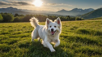 Happy white dog in the middle of the valley