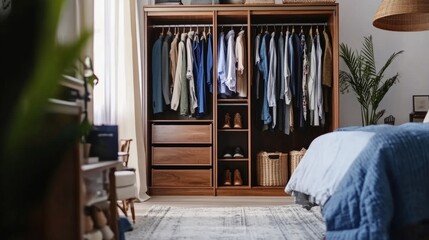 Open sliding door wardrobe with clothes and shoes arranged symmetrically, next to a cozy bedroom setup.