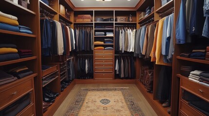 Walk-in closet with floor-to-ceiling built-in shelves, displaying folded clothes, hanging outfits, and footwear