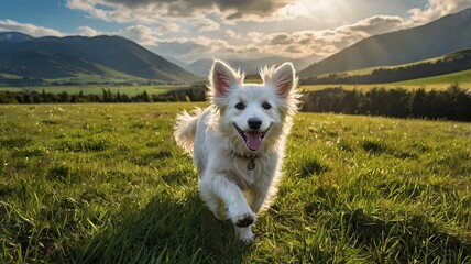 Happy white dog in the middle of the valley