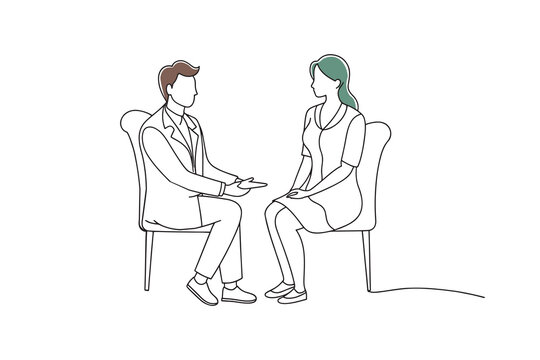 recommend clip art: Doctor engaged in conversation with a woman seated in a chair, symbolizing patient interaction isolated continuous line art flat vector illustration on white background.