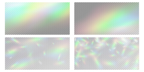 Rainbow light prism effect, transparent background. Hologram reflection, crystal flare leak shadow overlay.	