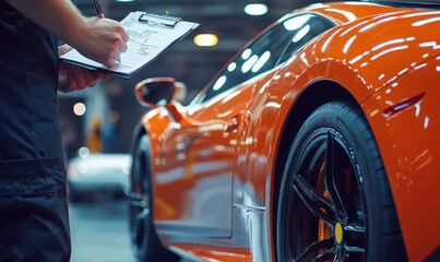 Auto service sports car shop concept. Automobile repairman writing job checklist on clipboard, mechanic checking engine to estimate repair, inspecting maintenance engineer at vehicle garage