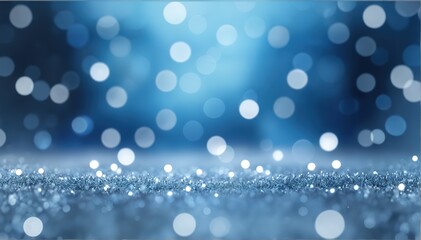 Blurred background in shades of blues and silvers with out of focus lights. Horizontal wallpaper. Copy space. used for digital decorative backgrounds, cards and holiday promotions.